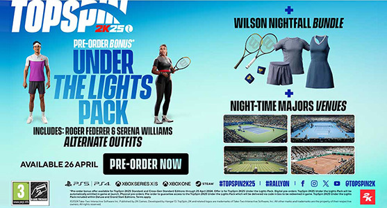 <strong>Includes:</strong><br />
Roger Federer &amp; Serena Williams alternate outfits, Wilson<br />
Nightfall Bundle and Night-time Major Venues!