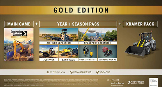 <strong>Includes:</strong> Construction Simulator &ndash; Main Game; Kramer Pack;<br />
Construction Simulator &ndash; Year 1 Season Pass;&nbsp; Year 1 Season<br />
Pass Helmet; JCB Pack; Cosmetic Pack #1; Airfield Expansion;<br />
SANY Pack; Spaceport Expansion; Cosmetic Pack #2;