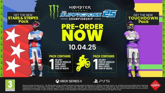Pre-Order Now to get the new STARS &amp; STRIPES and TOUCHDOWN Packs,<br />
including: Helmet, Pair of Goggles, Riding Suit, Bike Livery, and Pair of Boots!<br />
Applies to all existing Pre-Orders. Limited to 1 per customer.<br />
&nbsp;