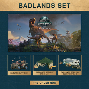 Pre-Order NOW and get launch-day access to:<br />
Scenery items inspired by the original Jurassic Park&rsquo;s iconic dig site,<br />
including canopy, a mobile home, fossils, computers, a &lsquo;Fossil Finder&rsquo;<br />
and a prop ATV.<br />
Five Badlands scenery blueprints.<br />
An exclusive Badlands ATV skin for the Maintenance Team.