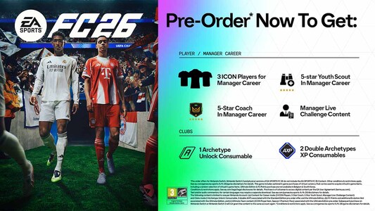 Pre Order Now To Get:<br />
1. 3 ICON players for Manager Career<br />
2. 5 Star Youth Scout in Manager Career<br />
3. 5 Start Coach in Manager Career<br />
4. Manager Live Challenge Content<br />
5. 1 Archetype Unlock Consumable for Clubs<br />
6. 2 Double Archetype XP Consumables for Clubs
