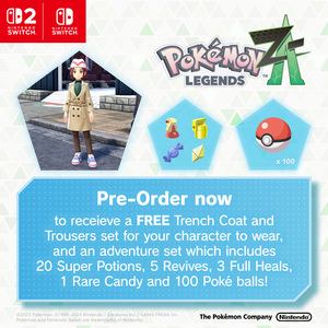 The bonus items include:<br />
Trench coat, trousers and scarf set for player characters.<br />
100 Poke balls.<br />
Adventure set- 20 super potions, 5 revives, 3 full heals, 1 rare candy.<br />
&nbsp;Redemption instructions below-<br />
&quot;To claim the bonus items, your Nintendo Switch or Nintendo Switch 2<br />
system should be connected to the internet. To connect to the internet,<br />
your user profile must be linked to a Nintendo Account. The digital code<br />
is valid until February 28th, 2026, and can only be redeemed once.<br />
On average, one hour of play time is required to change in-game outfits,<br />
or access the Mystery Gift feature to input digital codes. The Trench coat,<br />
trousers and scarf set may be distributed in future promotions unrelated<br />
to the bonus gift.&quot;