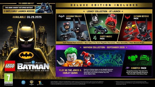 PRE-ORDER EXCLUSIVE LEGO Batman:<br />
Pre-order LEGO Batman: Legacy of the Dark Knight and get "The Dark Knight Returns" Batsuit inspired by the legendary comic series.