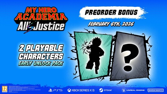 Pre-Order Bonus! Pre-Order My Hero Academia: All's Justice now to obtain the Playable Character Early Unlock Pack. This pack grants early unlock of two playable characters in My Hero Academia: All’s Justice that are normally unlocked by fulfilling specific in-game conditions. The eligible characters will be revealed at a later date.<br />
*Content is subject to change without prior notice.<br />
*The bonus content may be sold separately.