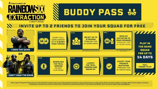 <em style="line-height: 14px; font-size: 12px;">* Every copy of the game allows you to invite 2 Ubisoft friends to join your online sessions and play<br />
in your squad during a 14 day period. Offer and dates subject to change. Restrictions apply,<br />
including availability, technical and content restrictions. Buddy Pass features may differ.<br />
Void where prohibited.&nbsp;More info here : <a href="https://ubi.li/BuddyPass">https://ubi.li/BuddyPass</a></em>