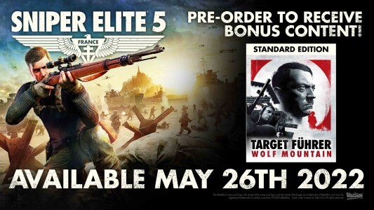 Pre-Order Sniper Elite 5 now and get the &lsquo;Target F&uuml;hrer&rsquo; campaign entitled &ldquo;Wolf Mountain&rdquo;*<br />
<em>*Any current pre-orders will also&nbsp;get the &lsquo;Target F&uuml;hrer&rsquo; campaign entitled &ldquo;Wolf Mountain&rdquo;</em>