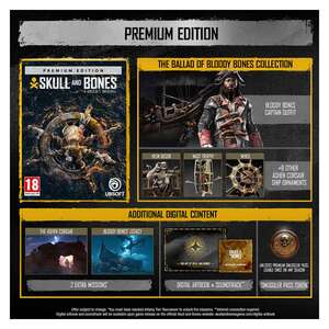 ADDITIONAL CONTENT:<br />
<br />
Premium Edition Includes: The Ballad of Bloody Bones Collection, two additional missions*, digital soundtrack and artbook**, and a battle pass token.<br />
*You must have reached Infamy Tier: Buccaneer to unlock the missions. &nbsp;<br />
**Internet connection required. Digital artbook and soundtrack will be available upon game release on the official Skull and Bones website: skullandbonesgame.com/digital-artbook<br />
<br />
PRE-ORDER BONUS*:<br />
<br />
Pre-order bonus contains the Highness of the High Sea Pack, which includes the Notoriety Garb and Coronation Firework.<br />
*Final content and release dates subject to change. Pre-order bonus content may be available for purchase and/or as giveaway(s) separately at Ubisoft&rsquo;s sole discretion at any time.