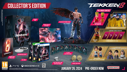 <ul>
	<li>Premium Collector&rsquo;s Edition Box</li>
	<li>Special Face-Off Steelbook</li>
	<li>Corporation Stickers</li>
	<li>Burning Chain Metal Plate</li>
	<li>Exclusive Jin Figurine (Not electrified)</li>
	<li>8x Glossy Collectible Cards</li>
	<li>Leroy Smith Metal Ring with Velvet Pouch</li>
	<li>Arcade Token (5cm)</li>
	<li>Character Costume: Gold Suit Pack (32 Costumes)</li>
	<li>Avatar Skin KinJin</li>
	<li>Playable Character Year 1 Pass (4 Additional playable characters)</li>
	<li>Avatar Costume: Classic Tekken T-shirt set (32 Designs)</li>
	<li>Avatar Skins: Kazuya Mishima, Jin Kazama and Jun Kazama</li>
</ul>
