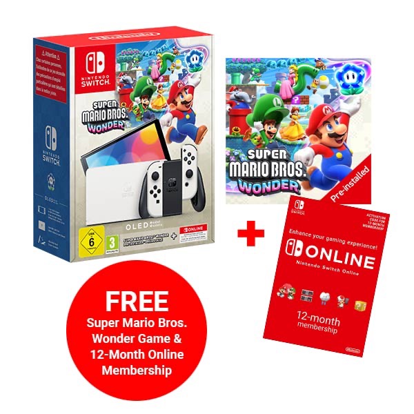 Nintendo Switch OLED White+ FREE Super Mario Bros. Wonder (Pre-Inst) + FREE